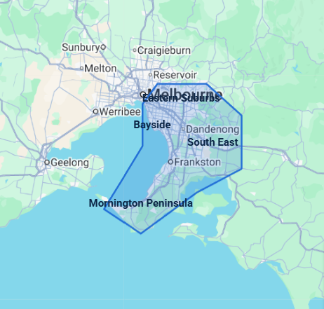 Map of Melbourne service area covering Bayside, Eastern Suburbs, South East and Mornington Peninsula